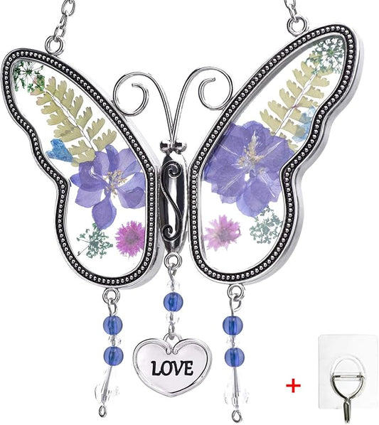 Laraine Butterfly Suncatcher with Pressed Flower Wings Mom Mother's Day Butterfly Glass Wind Chime Ornament Charm with Metal Heart Gifts for Mom Grandma Aunt Birthday (Purple Love (with Free Hook))