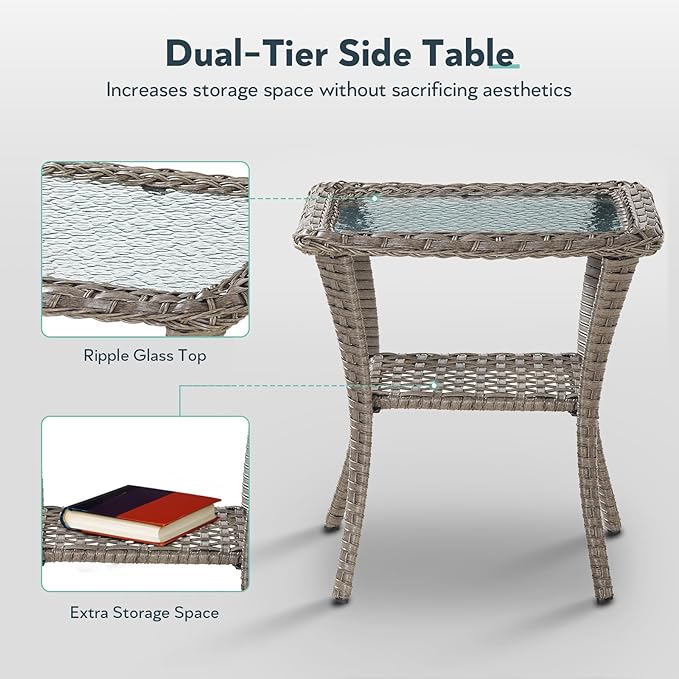 5 Piece Patio Furniture Set with Fire Pit Table - Wicker Patio Conversation Set with Swivel Glider, Glider Loveseat, Tempered Glass Side Table for Deck Backyard - Grey Wicker Blue Cushion