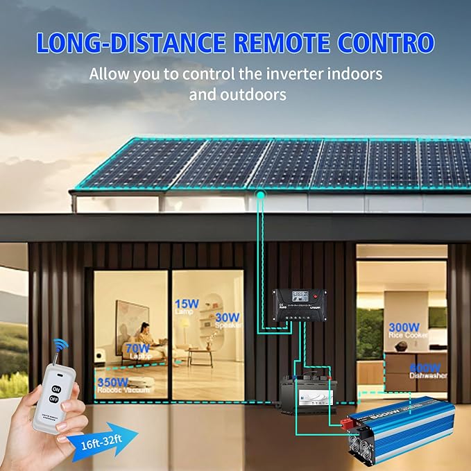 5000W Pure sine Wave Inverter DC 12V to AC 110V/120V Converter 10000w (Peak) with LCD Display Wireless/Wired Remote Control 4AC outlets 4USB and Hardwired AC.Ideal for RV Travel Off-Grid Solar Systems