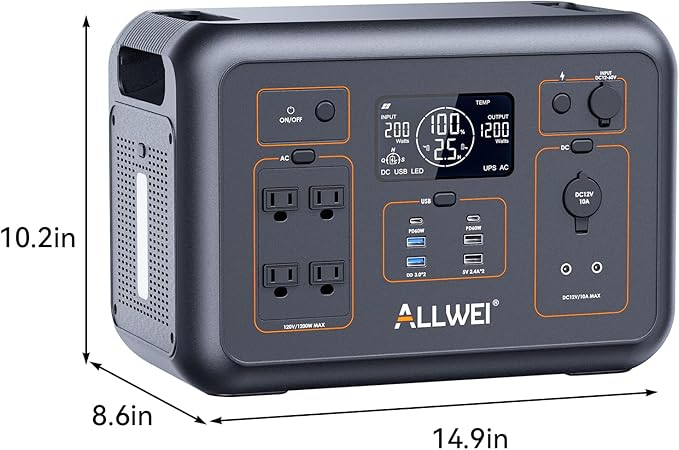 ALLWEI LiFePO4 Solar Generator 1200W(2400W Peak) with 1 * 200W Solar Panel, Fast Charge in 1.5Hrs, 1008Wh Portable Power Station, 4 AC Outlet, UPS Mode, Power Generator for Camping Outdoor Emergency
