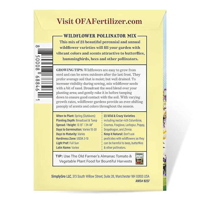 The Old Farmer's Almanac Premium Wildflower Seeds (23 Variety Pollinator Mix) - Non-GMO, Open Pollinated - Columbine Cosmos Foxglove Larkspur Poppy Snapdragon Zinnia... Attracts Butterflies Bees Birds