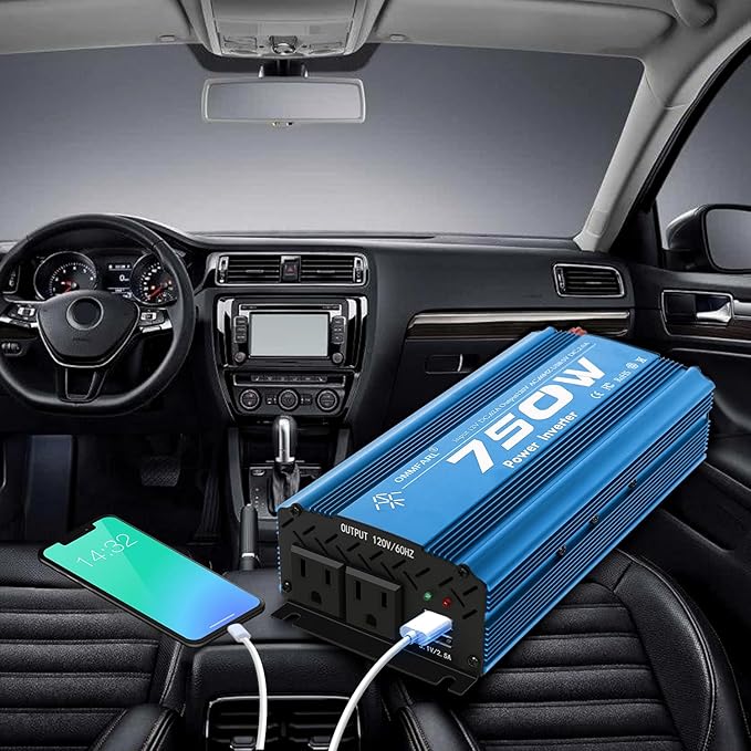 750W Modified Sine Wave Power Inverter DC 12V to AC 110V, Peak 1500 Watt, Car Plug Inverter Adapter Power Converter with 4.2A Dual USB Charging Ports and 2 AC Outlets Car Charger Blue