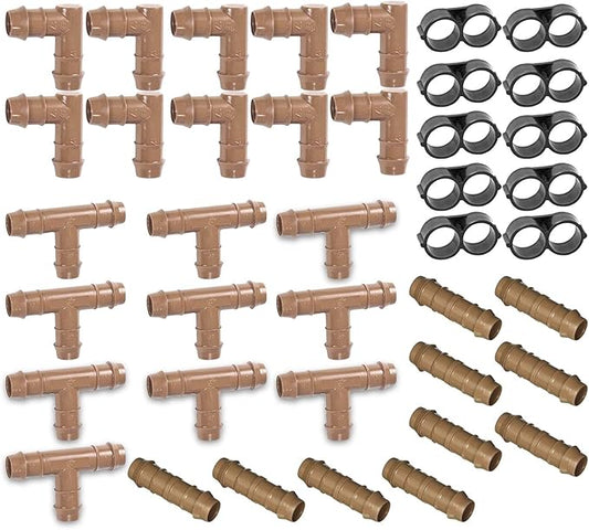 (40-Piece) - Irrigation Fittings Kit for 1/2" Inch Tubing - Tees, Couplings, Elbows, End Cap Figure 8 Plugs - Barbed Connectors (Rain Bird 17mm .600 ID Drip or Sprinkler Systems) (Brown Pro Kit)