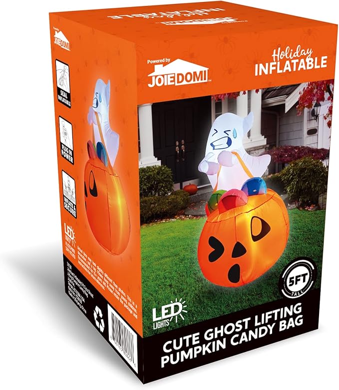Joiedomi 5 FT Tall Halloween Inflatables Outdoor Decorations, Inflatable Cute Ghost Halloween Decor Outdoor, Blow Up Ghost Lift Pumpkin Candy Bag with Build-in LEDs for Yard Decorations
