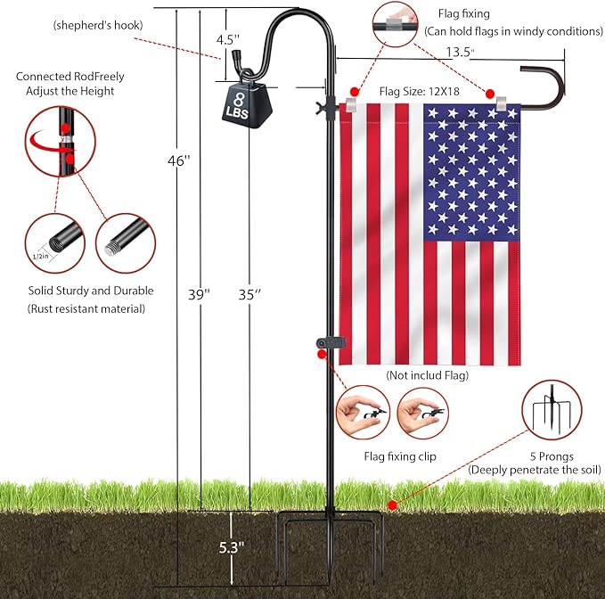 Upgraded 46 Inch Heavy Duty Metal Garden Flag Holder with Shepherd Hook, Yard Stand Fits 12x18 Flags - Solar Lights & Flags Not Included