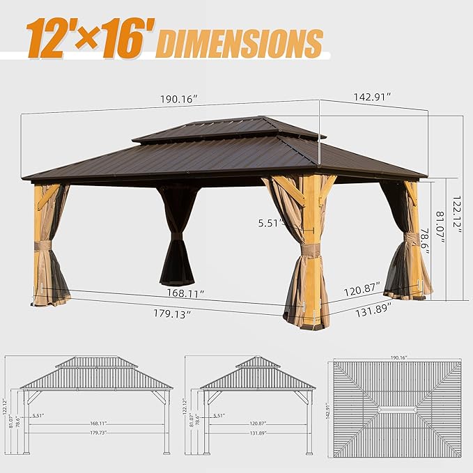 Domi 12' X 16' Wood Gazebo, Cedar Frame Hardtop Gazebo with Galvanized Steel Double Roof, Netting & Curtains, Patio Pergola Pavilion for Patio, Backyard, Deck, Lawns