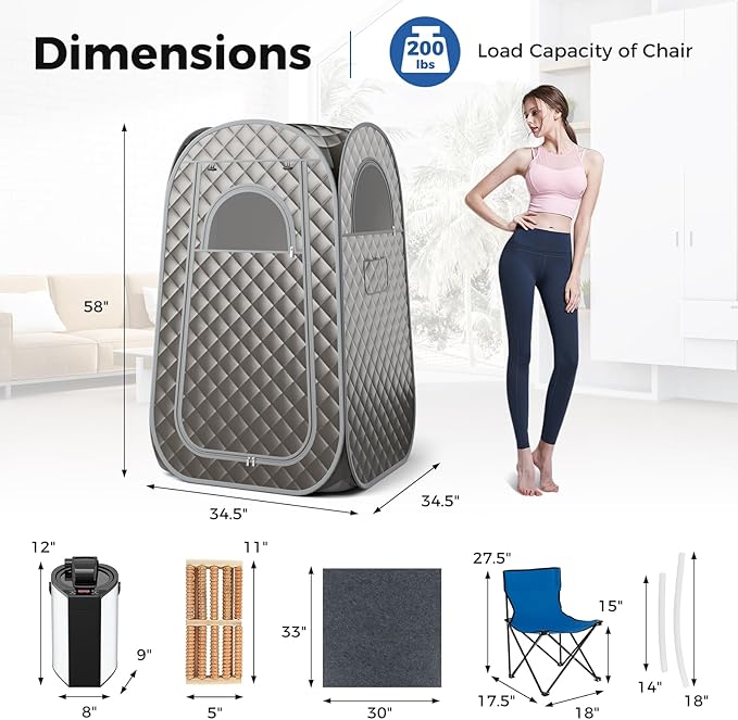 Giantex Portable Sauna, Full Body Steam Sauna w/ 3L Steam Box, Remote Control, Wood Foot Roller & Foldable Chair, Pop-Up Sauna Box for Single Person, Lightweight Personal Sauna Tent for Home (Gray)