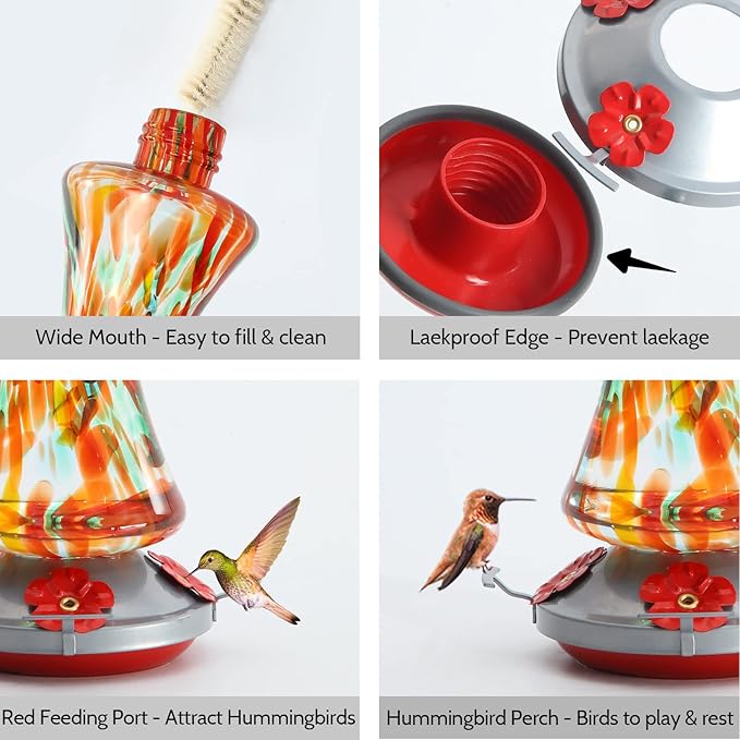 Glass Hummingbird Feeder for Outdoors: Orange Window Hanging Hummingbirds Presents for Women - Ant Moat Included, Metal Base with 4 Feeding Ports & Perch, Leak Proof, 38 fl.oz, Best Garden Decor