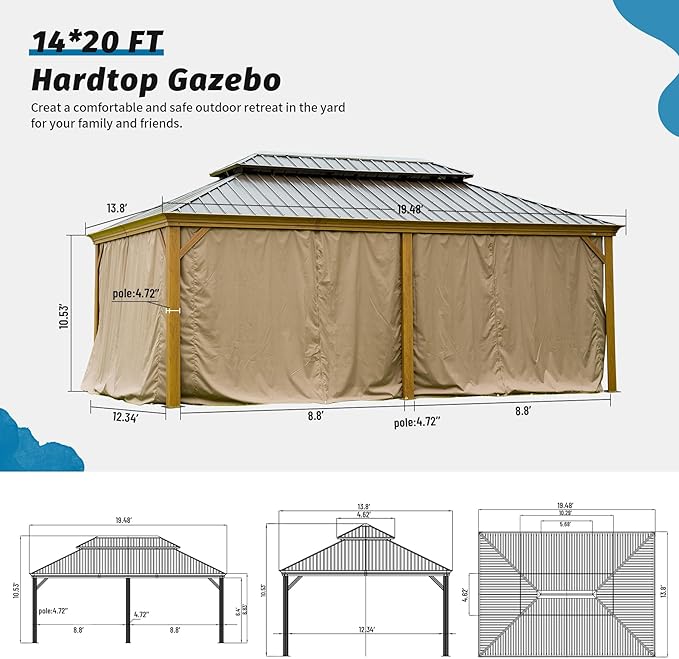 Domi Outdoor Living 14’x20’ Hardtop Gazebo, Wooden Coated Aluminum Frame Canopy with Galvanized Steel Double Roof, Outdoor Permanent Metal Pavilion with Curtains and Netting for Patio, Deck and Lawn