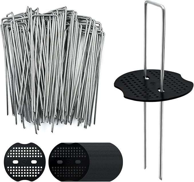 100 Pack 6 Inch Landscape Staples & 100pcs Fixing Gasket Sets, Garden Stakes Galvanized Steel Fabric Pins Heavy-Duty U Shape Sod Turf Pins for Ground Weed Fabric Barrier, Orchard, Yard, Tents