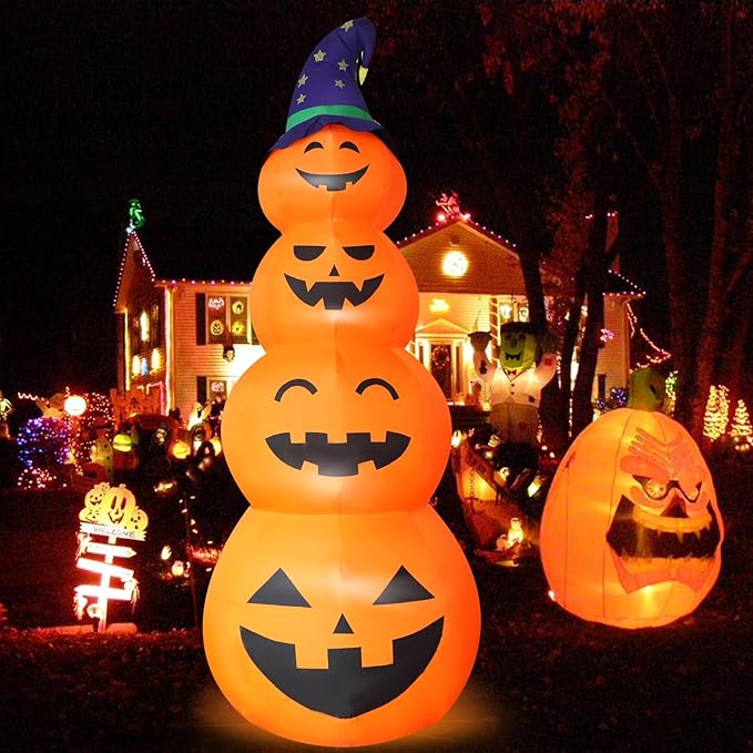 DearSun 12FT H Giant Halloween Inflatable Stacked Pumpkins with Witch's Hat, Blow up 4 Pumpkins Inflatable with Build-in LED Lights Outdoor Decorations Large Party Yard Decoration