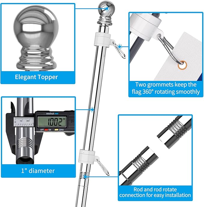 ZMTECH 2 Pcs 6 FT Flag Pole with Solar Light - Adjustable Bracket, Stainless Steel Flag Poles for Outside House, Tangle Free Flag Pole Holder Kit for American Flag (Without Flag, Silver)