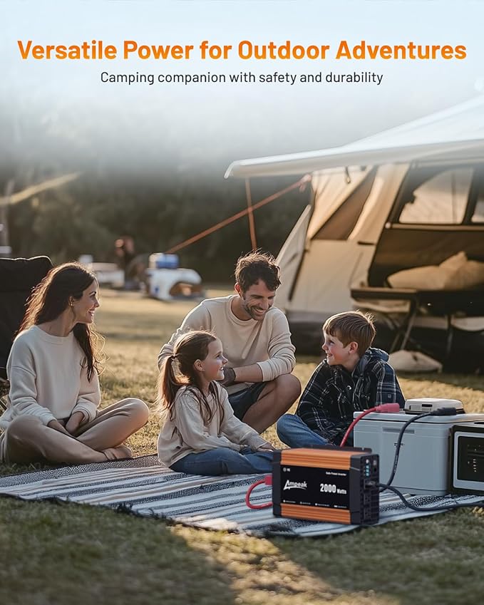 Ampeak 2000W Power Inverter with Anti-Spark Waterproof Cable Conversion Efficiency 89.37% Car Inverter 12V to 110V 3AC Outlets Dual 5V/3.1A USB Ports Modified Sine DC to AC Inverter for Vehicles