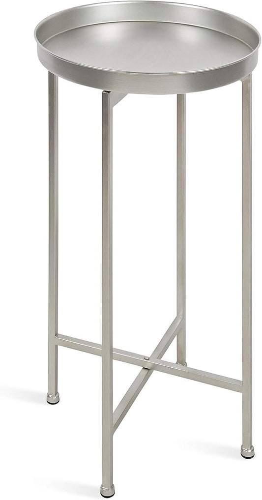 Kate and Laurel Celia Round Metal Foldable Accent Table with Tray Top, 14" x 14" x 25.75", Silver