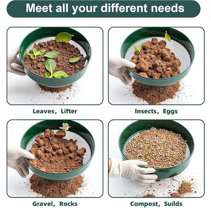 Soil Sieve Sifter Set with Shovel Gloves, Garden Sieve Set with 4 Interchangeable Mesh 3,6,9,12mm, Dirt Sifter for Sand, Rock, Compost, Soil Scoops Garden Tool (Green Sieve Set)