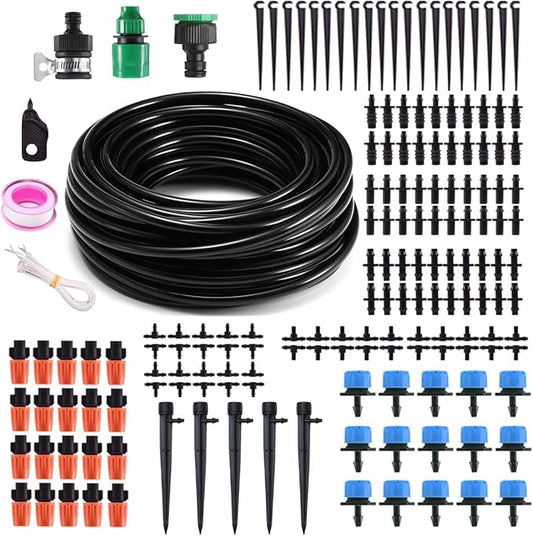 MSDADA 50Ft Drip Irrigation Kit, Automatic Garden Irrigation System 1/4" Blank Distribution Drip Hose, Atomizing Nozzle Mister Dripper for Greenhouse, Garden, Flower Bed, Patio, Lawn(Blue)