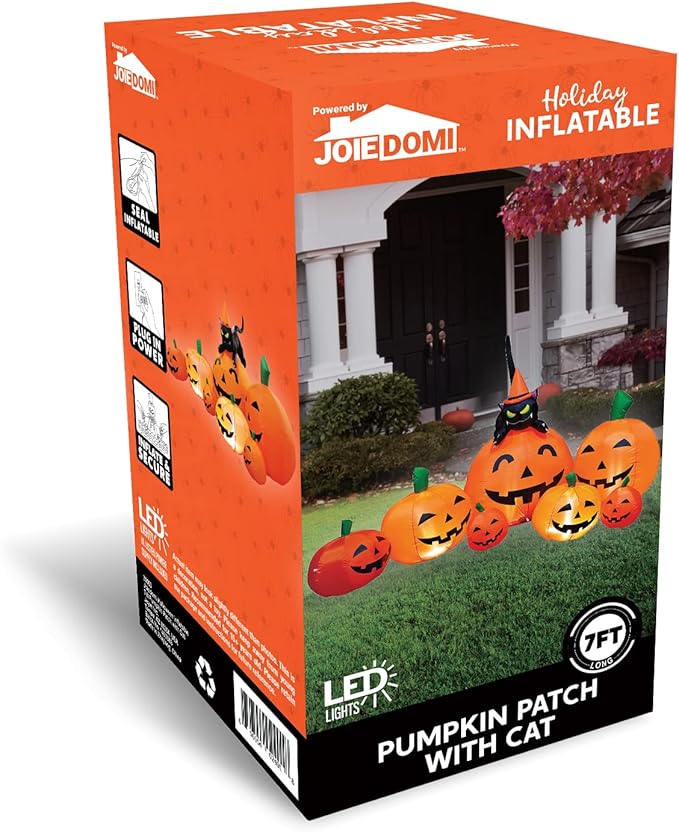 Joiedomi 7 FT Long Halloween Inflatables Pumpkin Outdoor Decorations, 7 Pumpkins Outside Decoration with Witch's Cat with Build-in LEDs Blow Up Inflatables for Party Yard Lawn Garden Decor