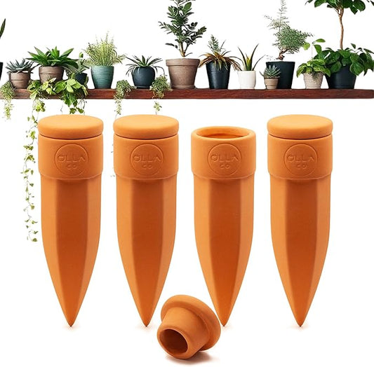 Terracotta Plant Watering Spikes - Small - Set of 4 with Lids Ideal for 4"-6" Pots Perfect Vacation Plant Watering System & Everyday Use for Busy Plant Lovers to Water Plants