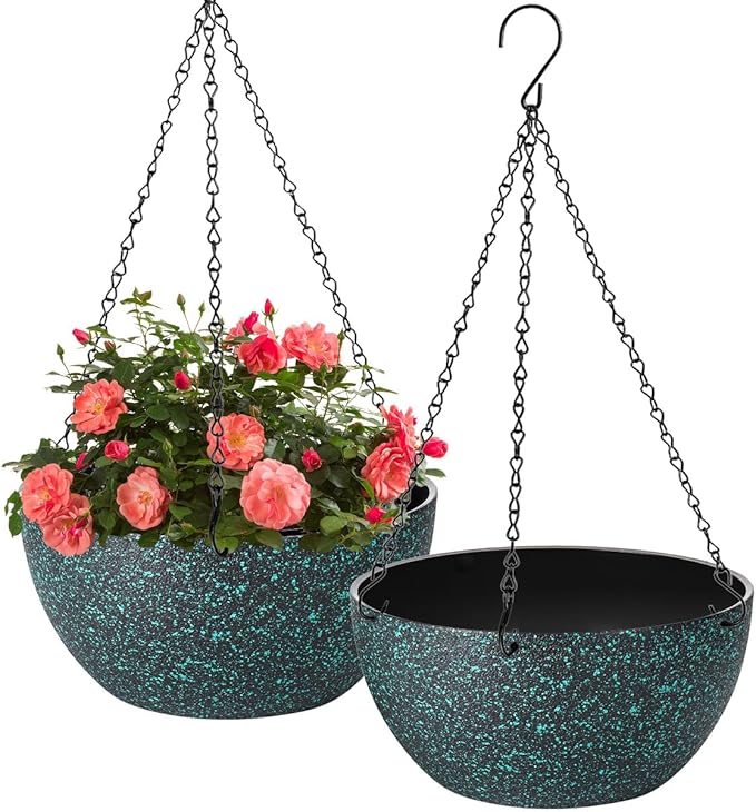 12 inch Hanging Planters for Indoor Plants, 2 Pack Planters for Outdoor Plants with Drainage Holes and Chain, Round Plastic Hanging Baskets, Hanging Flower Pots for Balcony Garden Decor-Black Speckle