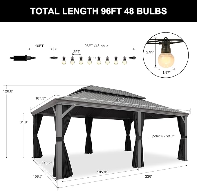 PURPLE LEAF 14' x 20' Patio Hardtop Gazebo Metal Roof Heavy Duty Wind Resistance Outdoor Permanent Large Pavilion Gazebo for Patio Deck and Garden, Netting and Curtains Included, Light Grey
