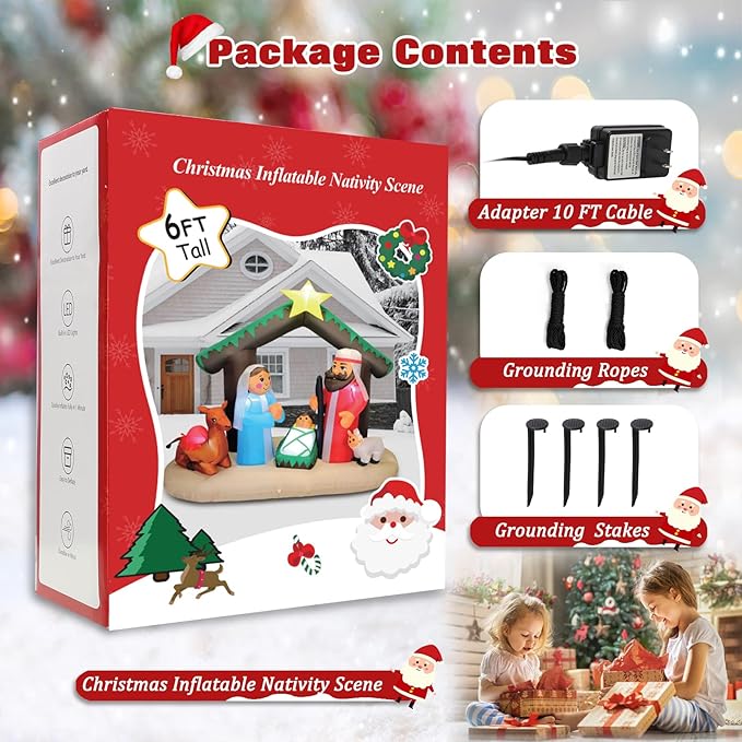 7FT Christmas Inflatable Nativity Scene with Baby Jesus, Parents, Donkey, Sheep, Star, Blow Up Manger Set Indoor & Outdoor Decorations, Built-in LED Lights for Garden, Lawn, Yard, Christmas Parties