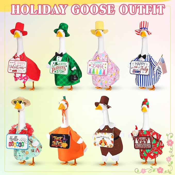 8 Set Seasonal Holiday Goose Outfits Hanging Signs Fall Halloween Christmas Porch Statue Outfits All Seasons Holiday 23" Goose Clothes Patio Lawn Outdoor Decors(Cool Style)