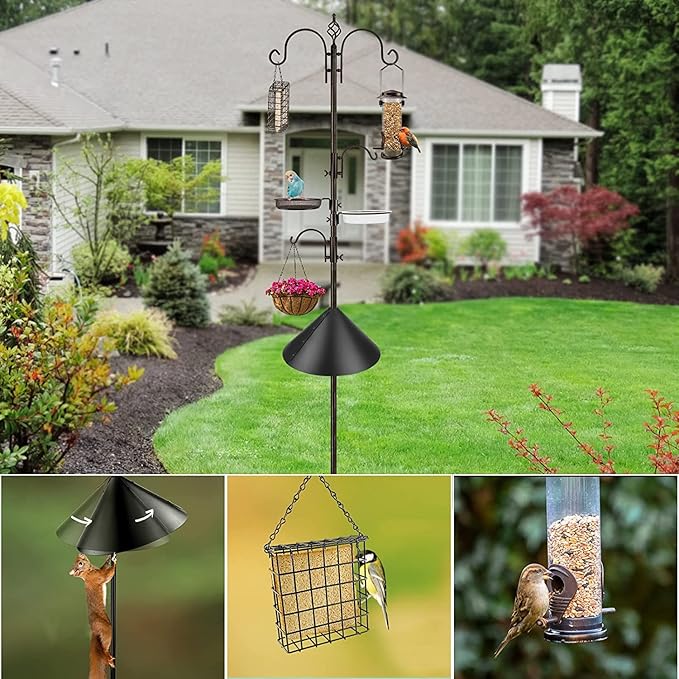 Bird Feeding Station Kit with Squirrel Baffle and Suet Cage Wild Bird Feeder Kit with Mesh Tray, Fruit Hook, and Double W Hook for Attracting Wild Birds