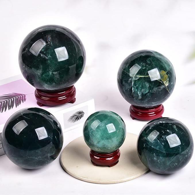 JIC Gem Small Natural Fluorite Crystal Ball Green Purple Quartz Healing Gemstone Sphere with Decorative Wooden Stand for Meditation,Home Decoration Christmas Day Gifts (60-70mm)