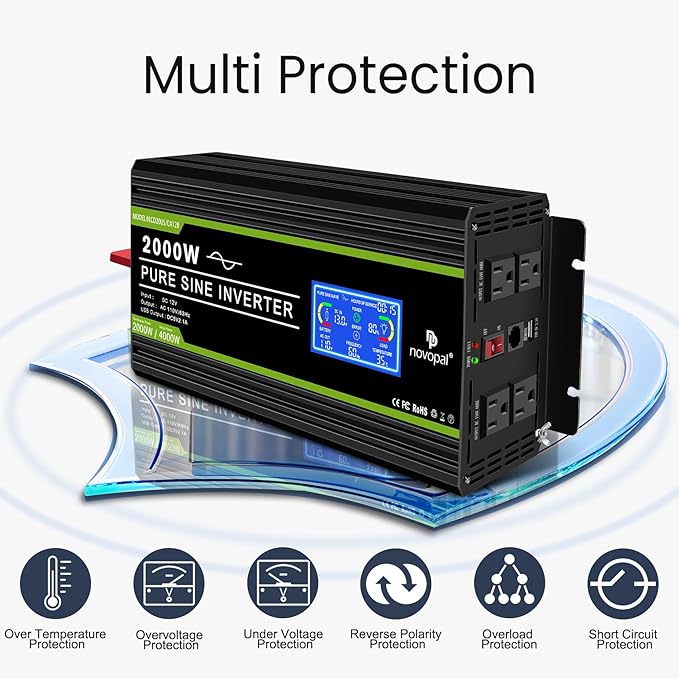 NOVOPAL 2000 Watt Pure Sine Wave Power Inverter DC 12V to AC 110V 120V Rv Inverters with 1 USB Port-16 feet Remote Control, LCD Display for Truck, Hurricane, Home