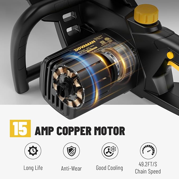 DCS08A Electric Chainsaw, One-Step Tool-Free Tensioning, Oregon Bar & Chain, Low Kickback, Mechanical Brake, Automatic Chain Lubrication, 18-Inch 15-Amp Electric Chainsaw corded with 2 Chains