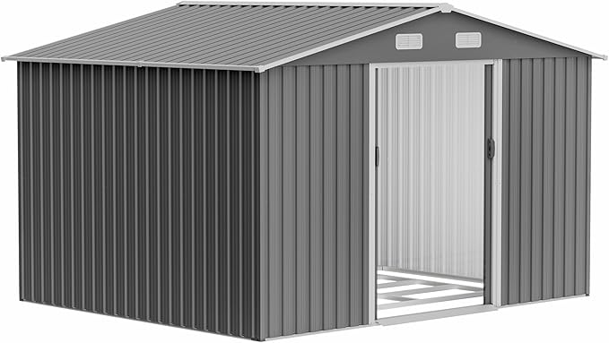 8×10 Ft Metal Outdoor Storage Shed with Floor Base and Sliding Door, 0.25mm Galvanized Steel Metal Garden Tool Shed Waterproof Backyard, Patio, Garden, Dark Grey