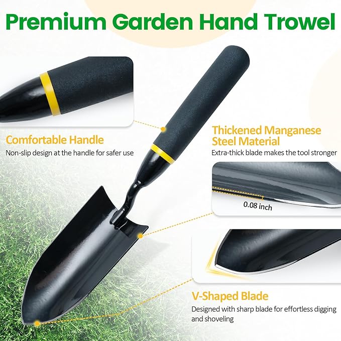 Garden Tool Set, 2 Piece Heavy Duty Gardening Hand Tools with Comfortable Handle, Including Garden Trowel and 6-Tine Rake, Durable Gardening Gift for Kids Men Women