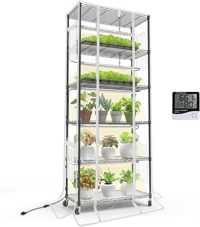 Bstrip Indoor Greenhouse with Grow Light, Mini Green house with 5 Pack T8 Full Spectrum Plant Lights, Plant Shelf with Tent for Indoor Plant, Seed Starting, Seed Tray, 29.5"x13.8"x71"