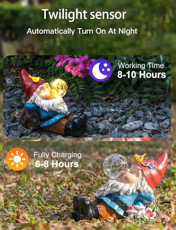 Solar Garden Statue Gnome Figurine Lights, Funny Sleepy Gnomes Dreaming, Outdoor Garden Decorations for Patio Porch,Gifts for Women Mum