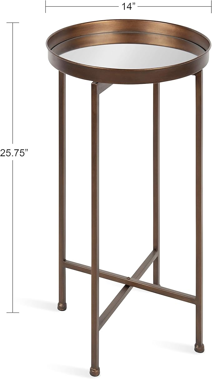 Kate and Laurel Celia Round Metal Foldable Accent Table with Mirror Tray Top, Bronze