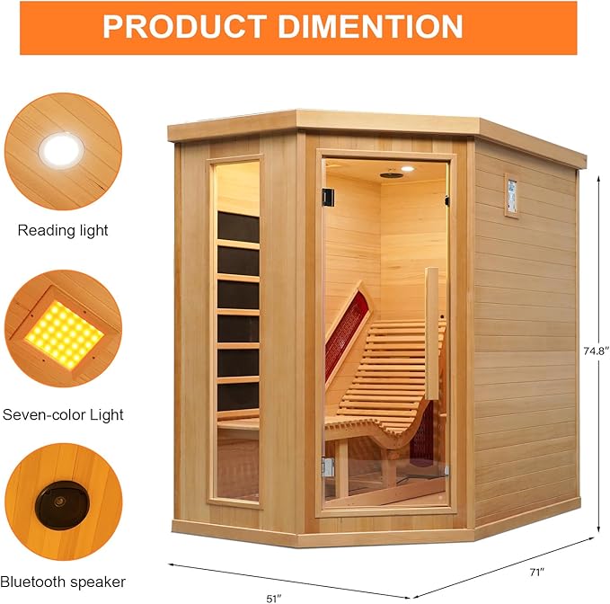 Infrared Sauna Room with Recliner, One Person Infrared Sauna Home, 220V,2300W, 4 Heating Tubes, 4 Carbon Crystal Heating Panel, Bluetooth Speakers, 7 Color Light, Oxygen Bar