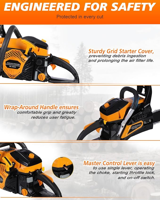 63cc Gas Powered Chainsaw 20 Inch, 3.2KW 2-Stroke Engine, Heavy Duty Gas Chain Saw with 2 Chains & 2 Bars, Automatic Oiler, Anti-Vibration Handle for Logging, Firewood & Tree Cutting