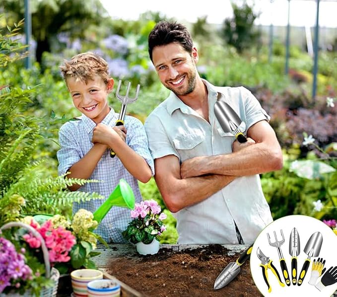 Stainless Steel Garden Tools, Gardening Tool Set with Pruning Shears, Hand Trowel, Transplanter, Hand Rake, Gardening Gloves (750, 5PCS)