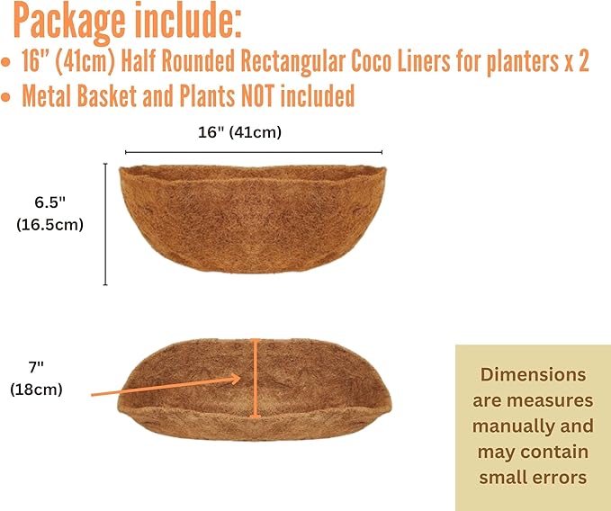 Maxona 16 inch 2 Pack Trough Rectangular Coco Liner for Window Box Planter: Thick Coconut Coir to Support The Soil Replacement for Wall Hanging Basket, Rectangle Pre-Formed Fiber Husk, Garden Fence