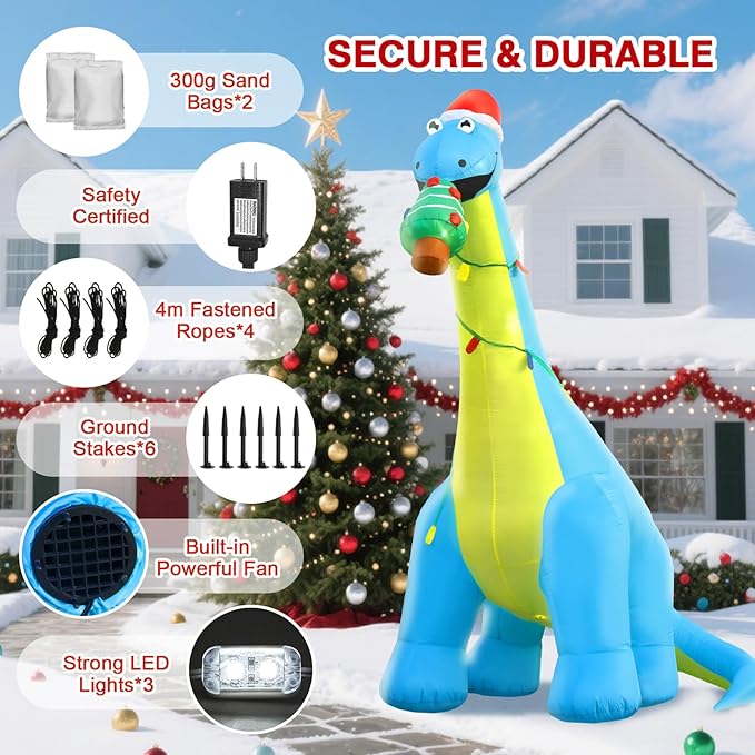 Christmas Inflatable Outdoor Decorations, 10FT Giant Inflatables Dinosaur Yard Decor with Hat & Christmas Tree, LED Lights Blow up Holiday Decorations for Indoor Outside Lawn Garden