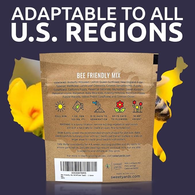 Bee Friendly Wildflower Seed Mix - Bulk 1 Ounce Packet - Over 7,500 Open Pollinated Seeds - Save The Bees!