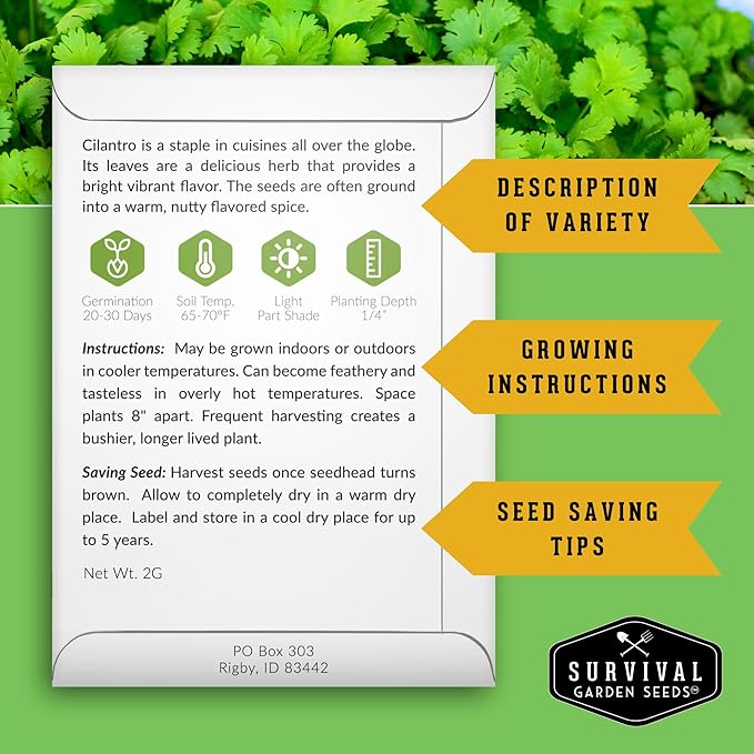 Survival Garden Seeds - Cilantro Seed for Planting - Packet with Instructions to Plant and Grow Coriandrum Sativum in Your Home Vegetable Garden - Non-GMO Heirloom Variety - 1 Pack - Cilantro Plant