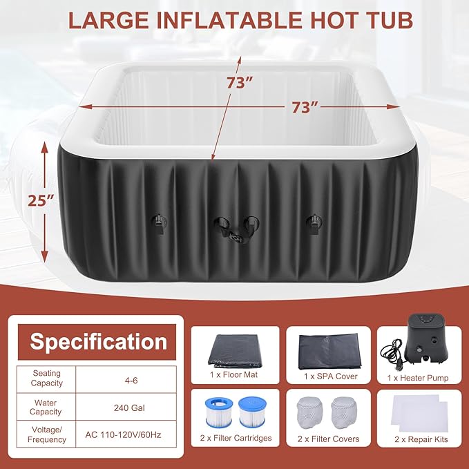 LILYPELLE 4-6 Person Inflatable Hot Tub, Square Portable Hot Tub with 130 Bubble Jets, Large Outdoor Spa Bathtub Set with Heater Pump, Filter and Insulated Cover, 73" X 73" X 25"