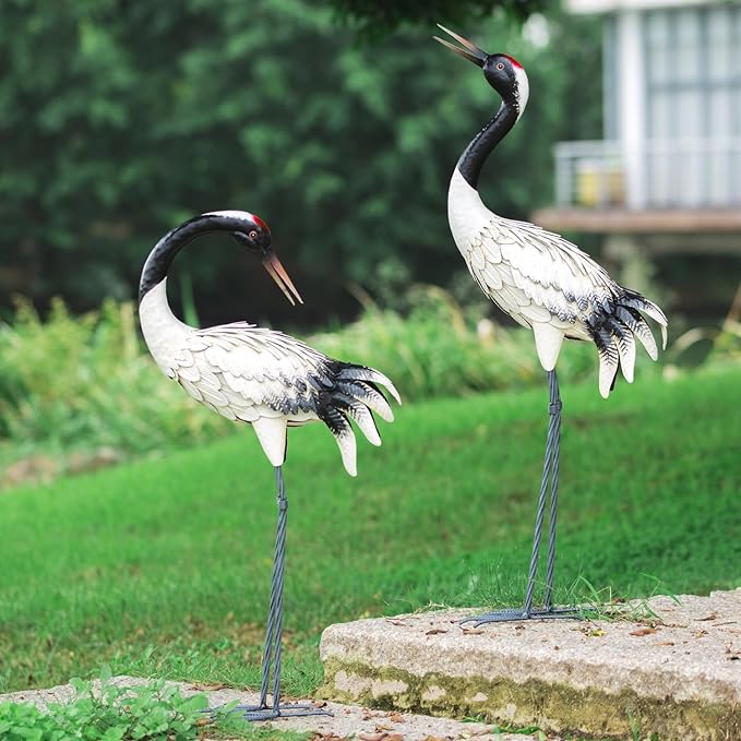 chisheen Garden Crane Statues Outdoor Heron Red Crowned Crane Metal Yard Art Sculpture,Set of 2