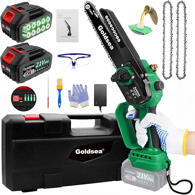 Mini Chainsaw Cordless 8 Inch, Goldsea Electric Hand Chain Saw with 2 Pack 4000mAh 21V Battery, Small Chainsaw Powered Saw for Garden Yard Cutting Wood/Tree Tools Best Gifts for Dad, Husband