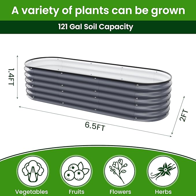 Oval Raised Garden Bed for Outdoors - 6.5X2X1.4 FT Galvanized Planter Raised Beds, Metal Planter Box for Vegetables,Flowers, Herbs, and Succulents(Deep Gery)
