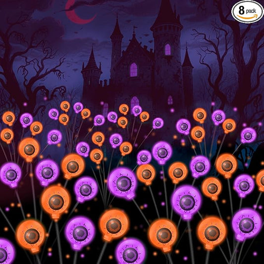 VOTTGO Halloween Solar Lights Outdoor, 8 Pack 48LED Scary Solar Eyeball Pathway Lights, 2 Modes Waterproof Swaying Solar Firefly Lights for Garden Yard Pathway Halloween Decorations, Purple + Orange