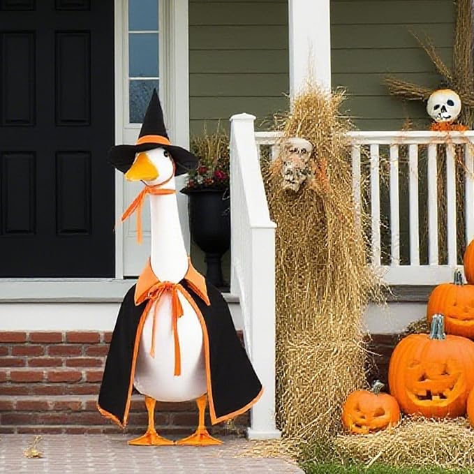 Halloween Porch Goose Outfit Set for 23'' Plastic Statue Lawn Porch Goose Clothes with Cloak Hat Costume for Indoor Outdoor Patio Yard Lawn Art Decor(Orange)