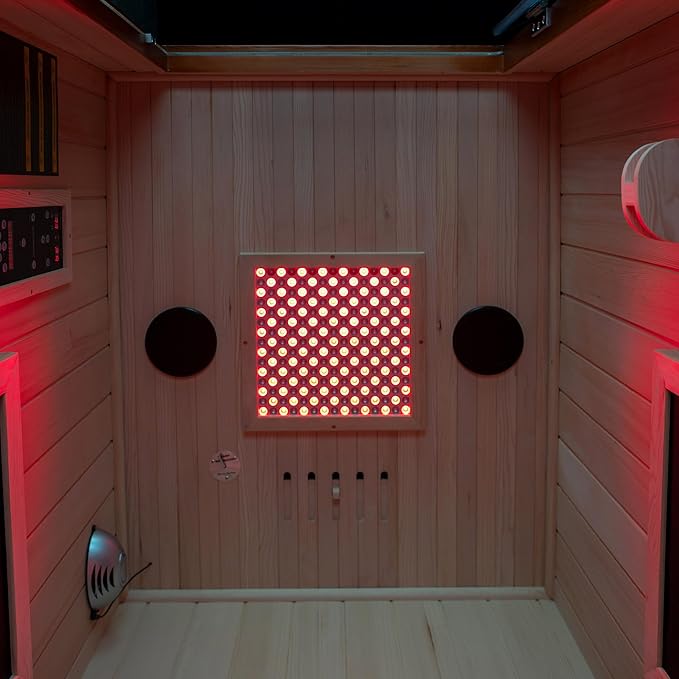 Woodbridge Infrared Home Sauna Room 1 Person Hemlock Wooden Indoor Sauna with 7 Carbon Heaters, Red Light Therapy, Bluetooth Speaker, Intelligent Control Panel, Tempered Glass & Top Vent