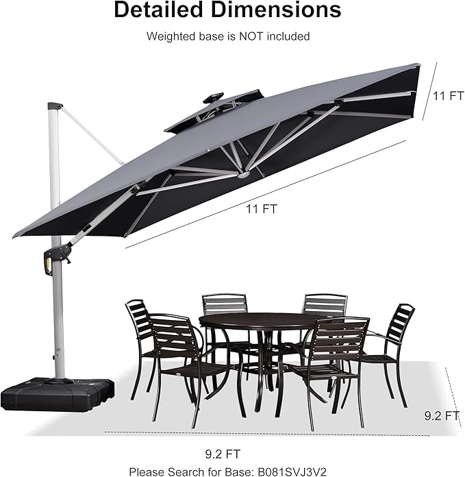 PURPLE LEAF 11 Feet Double Top Deluxe Solar Powered LED Square Patio Umbrella Offset Hanging Umbrella Outdoor Market Umbrella Garden Umbrella, Grey